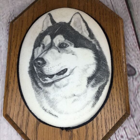 VTG Earl Sherwan Dog Art Husky/Malamute Cultured-Ivory Engraving Plaque 7\